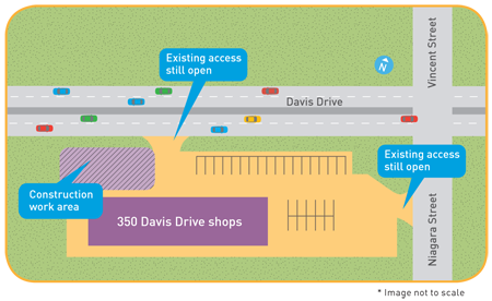 Map of construction work area at 350 Davis Drive