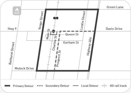 Detour map — Davis Drive detoured at GO rail track May 15-19
