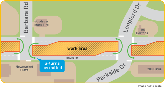 Map: overnight work and Davis Drive intersection changes at Barbara and Longford June 25