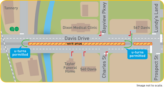 map: crosswalk closures on Davis Drive