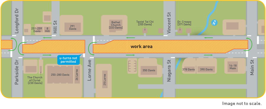 Map: traffic changes on Davis Drive from Longford Drive to Main Street: July 23