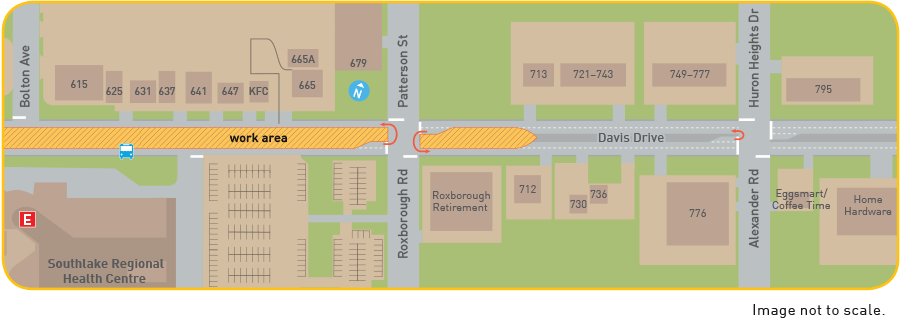 Map: traffic changes on Davis Drive at Patterson Street/Roxborough Road