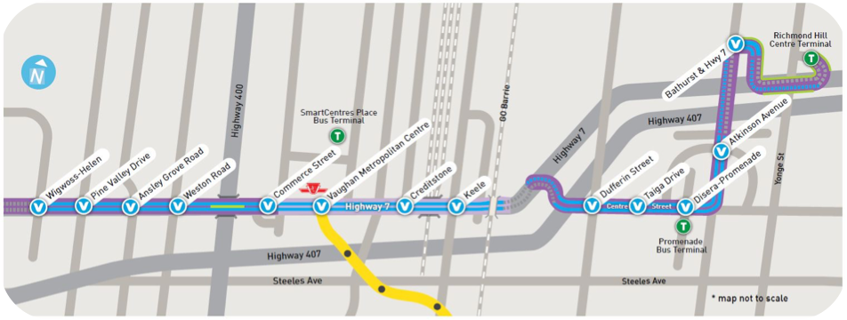 Map of Hwy 7, from Wigwoss-Helen to Richmond Hill Centre Terminal