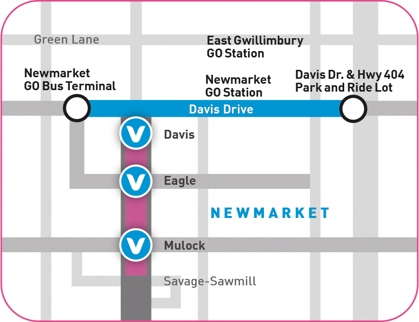 Map of Yonge, Newmarket; From Davis Drive, showing stops at Davis, Eagle and Mulock on Yonge
