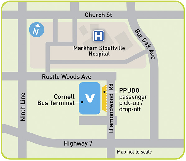 Map of Cornell Bus Terminal location - Highway 7 and Ninth Line, just south of Markham Stouffville Hospital.